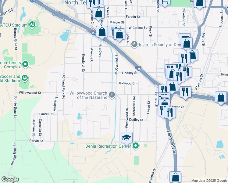 map of restaurants, bars, coffee shops, grocery stores, and more near 1812 McCormick Street in Denton