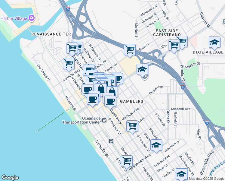 map of restaurants, bars, coffee shops, grocery stores, and more near 615 Mission Avenue in Oceanside