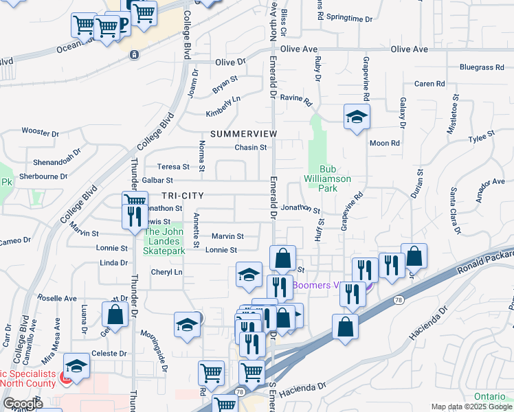 map of restaurants, bars, coffee shops, grocery stores, and more near 4220 Jonathon Place in Oceanside
