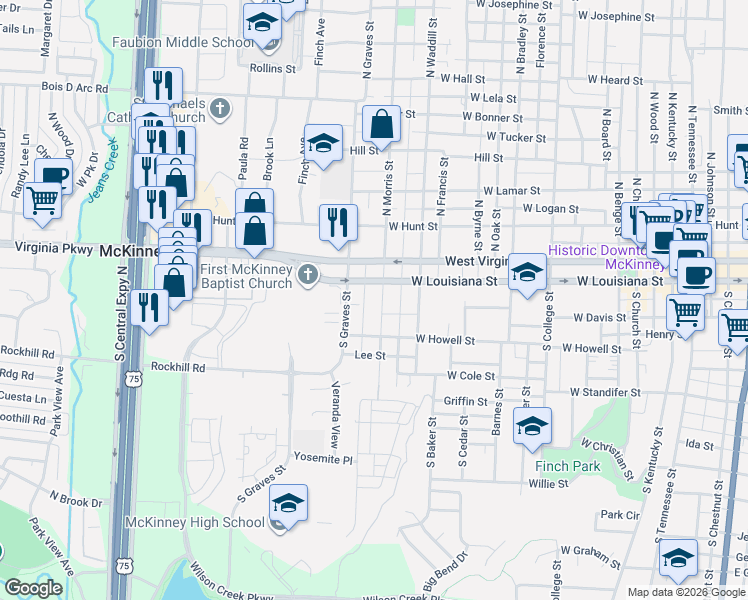 map of restaurants, bars, coffee shops, grocery stores, and more near 110 South Morris Street in McKinney