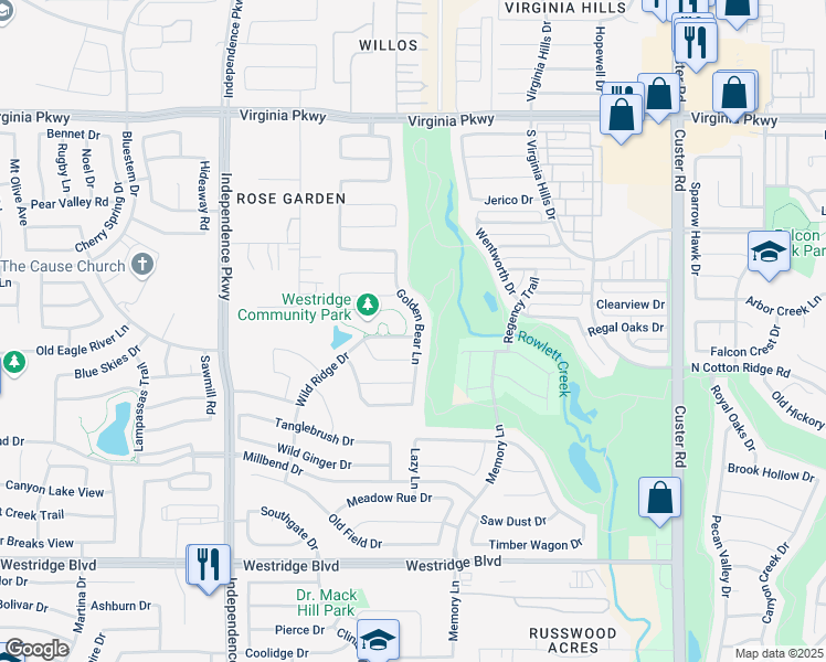 map of restaurants, bars, coffee shops, grocery stores, and more near 828 Golden Bear Lane in McKinney