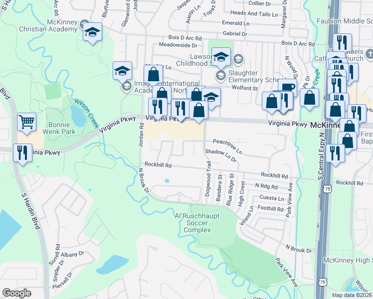 map of restaurants, bars, coffee shops, grocery stores, and more near 2705 Burning Tree in McKinney