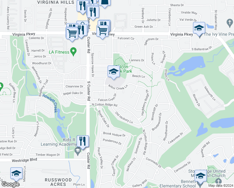 map of restaurants, bars, coffee shops, grocery stores, and more near 8609 Falcon Crest Drive in McKinney