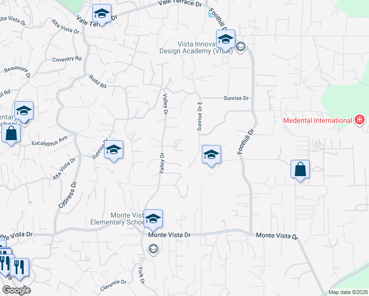 map of restaurants, bars, coffee shops, grocery stores, and more near 1696 Gil Way in Vista