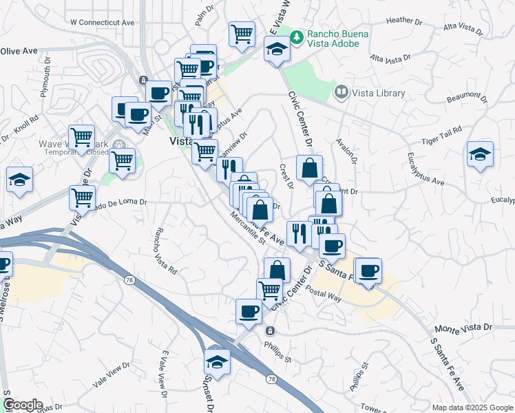 map of restaurants, bars, coffee shops, grocery stores, and more near 546 South Santa Fe Avenue in Vista