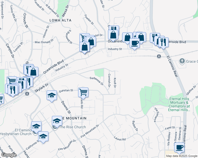 map of restaurants, bars, coffee shops, grocery stores, and more near 2448 Sarbonne Drive in Oceanside