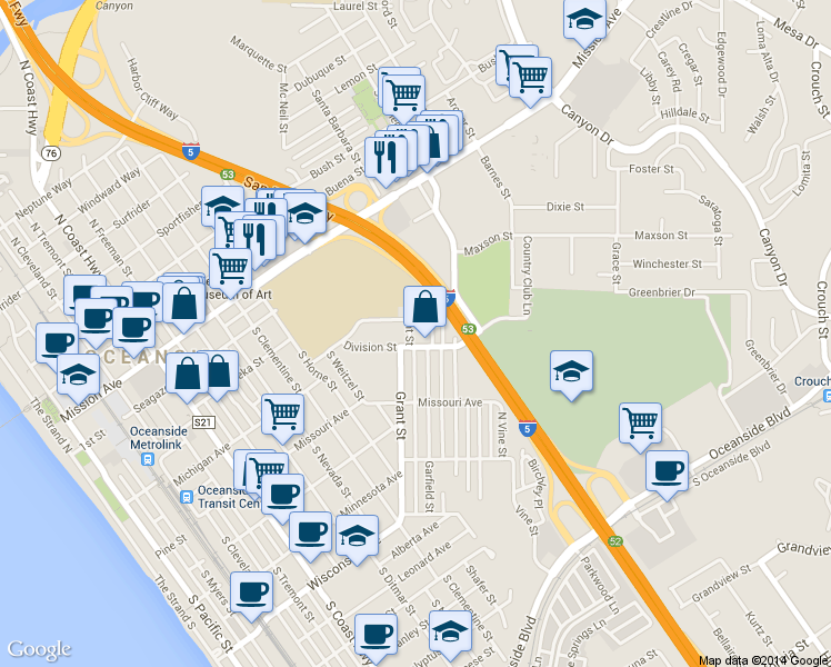 map of restaurants, bars, coffee shops, grocery stores, and more near 341 Garfield Street in Oceanside