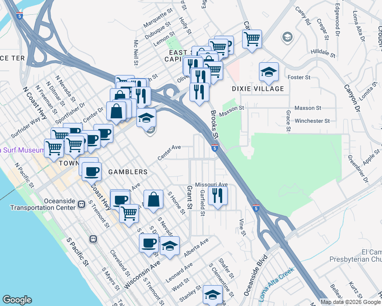 map of restaurants, bars, coffee shops, grocery stores, and more near 1249 Center Avenue in Oceanside