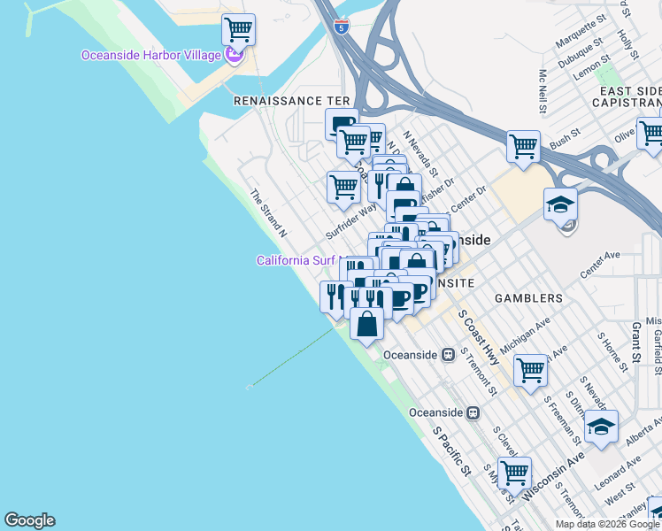 map of restaurants, bars, coffee shops, grocery stores, and more near 501 The Strand North in Oceanside