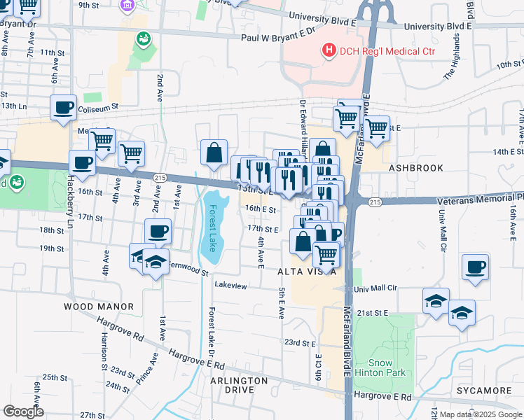 map of restaurants, bars, coffee shops, grocery stores, and more near 405 16th Street East in Tuscaloosa