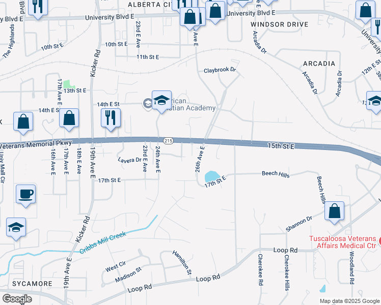 map of restaurants, bars, coffee shops, grocery stores, and more near 2515 Veterans Memorial Parkway in Tuscaloosa