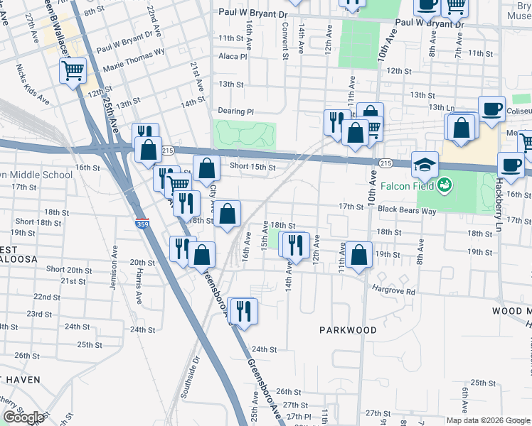 map of restaurants, bars, coffee shops, grocery stores, and more near 1499 Short 17th Street in Tuscaloosa