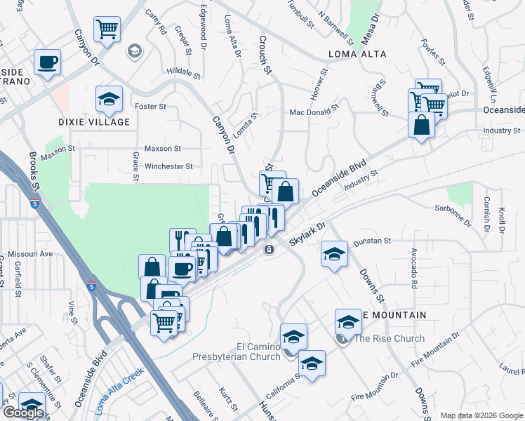 map of restaurants, bars, coffee shops, grocery stores, and more near 605 Crouch Street in Oceanside