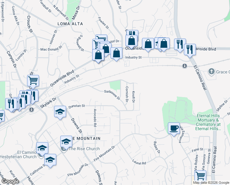 map of restaurants, bars, coffee shops, grocery stores, and more near 2448 Sarbonne Drive in Oceanside