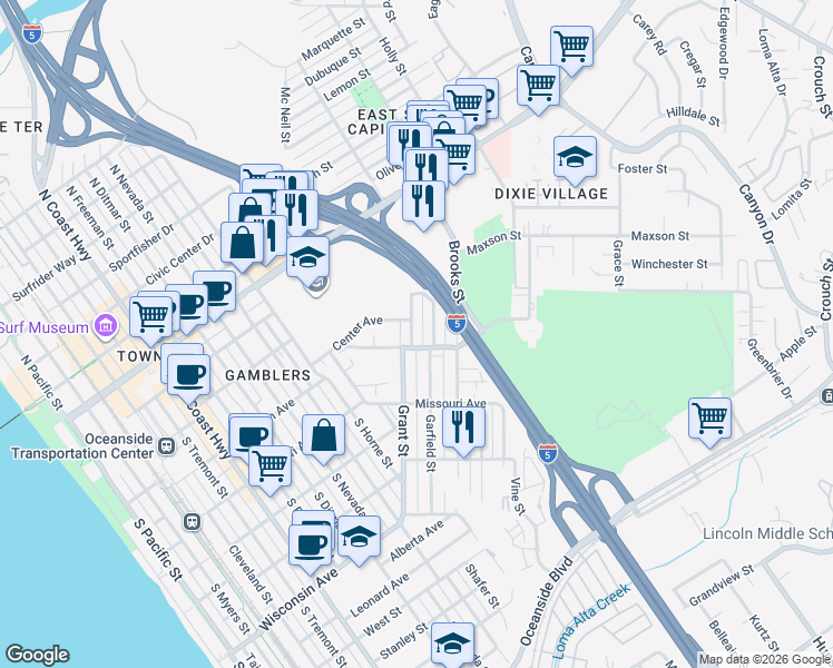 map of restaurants, bars, coffee shops, grocery stores, and more near 341 Garfield Street in Oceanside