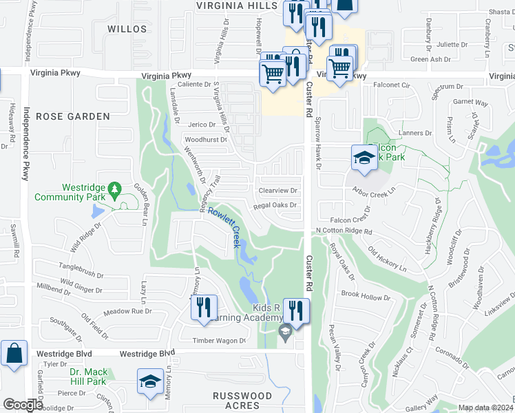 map of restaurants, bars, coffee shops, grocery stores, and more near 10715 Regal Oaks Drive in McKinney