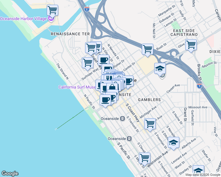 map of restaurants, bars, coffee shops, grocery stores, and more near 406 Pier View Way in Oceanside