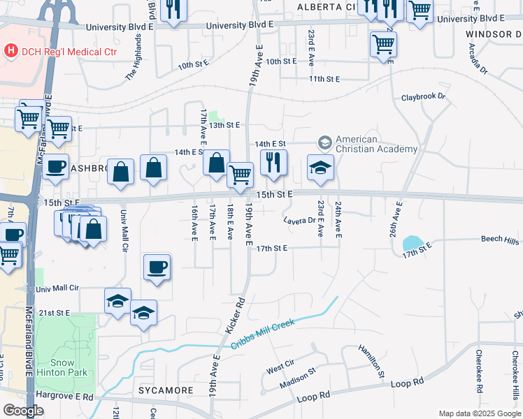 map of restaurants, bars, coffee shops, grocery stores, and more near 1515 Kicker Road in Tuscaloosa