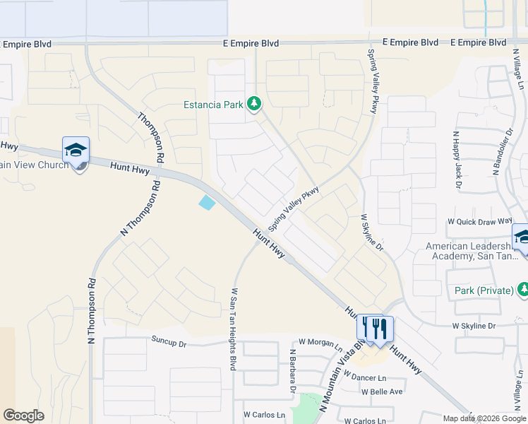 map of restaurants, bars, coffee shops, grocery stores, and more near 34929 North Augite Way in Queen Creek