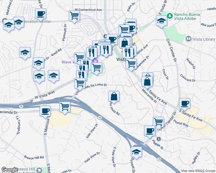 map of restaurants, bars, coffee shops, grocery stores, and more near 251 Lado De Loma Drive in Vista