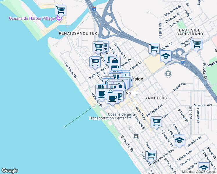 map of restaurants, bars, coffee shops, grocery stores, and more near 314 North Cleveland Street in Oceanside