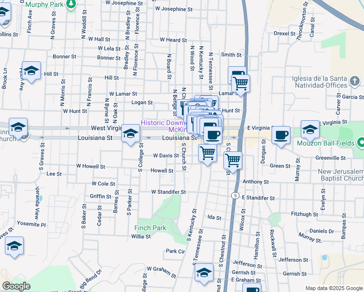 map of restaurants, bars, coffee shops, grocery stores, and more near 109 South Benge Street in McKinney
