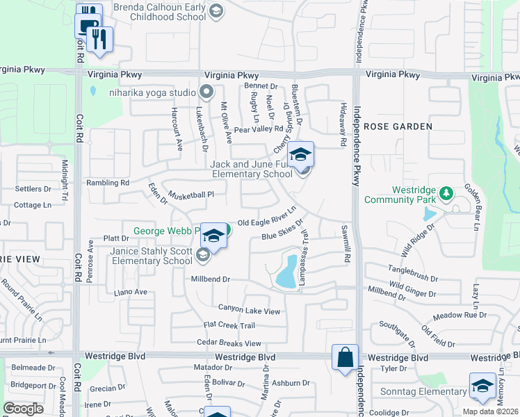 map of restaurants, bars, coffee shops, grocery stores, and more near Blackberry Street in McKinney