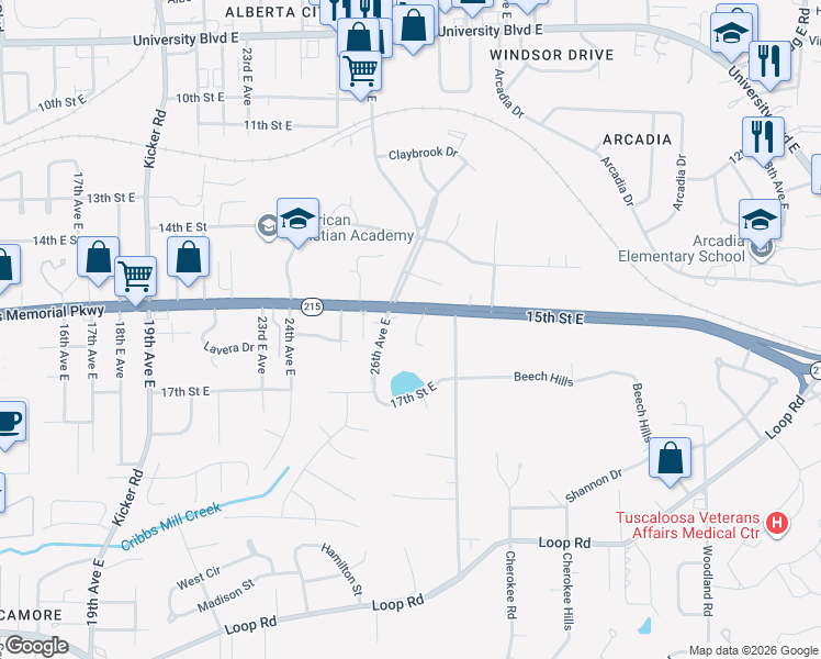 map of restaurants, bars, coffee shops, grocery stores, and more near 1520 East 27th Avenue in Tuscaloosa