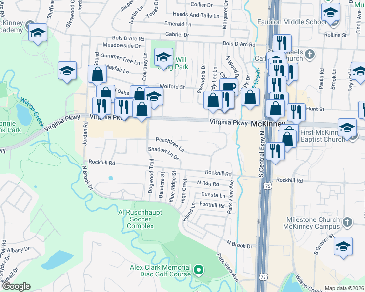 map of restaurants, bars, coffee shops, grocery stores, and more near 2416 Peachtree Lane in McKinney