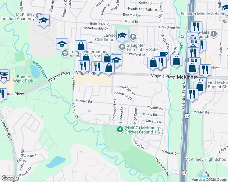 map of restaurants, bars, coffee shops, grocery stores, and more near 2518 Shadow Lane Drive in McKinney