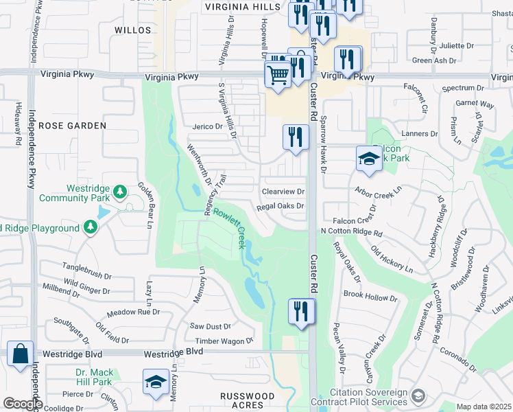 map of restaurants, bars, coffee shops, grocery stores, and more near 713 Royal Crest Court in McKinney