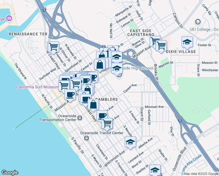 map of restaurants, bars, coffee shops, grocery stores, and more near 115 South Horne Street in Oceanside