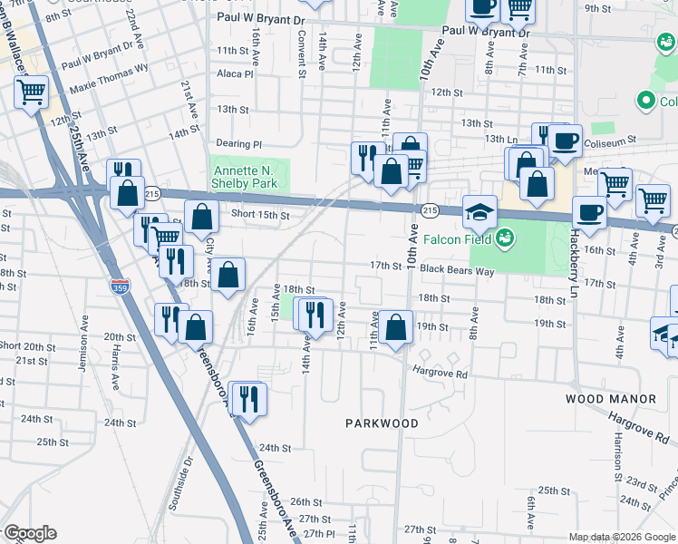 map of restaurants, bars, coffee shops, grocery stores, and more near 1208 18th Street in Tuscaloosa