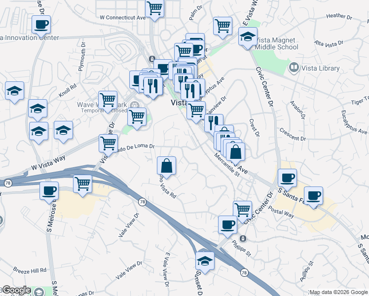 map of restaurants, bars, coffee shops, grocery stores, and more near 230 Guajome Street in Vista