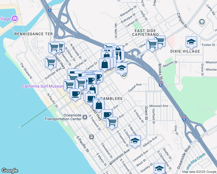 map of restaurants, bars, coffee shops, grocery stores, and more near 122 South Clementine Street in Oceanside