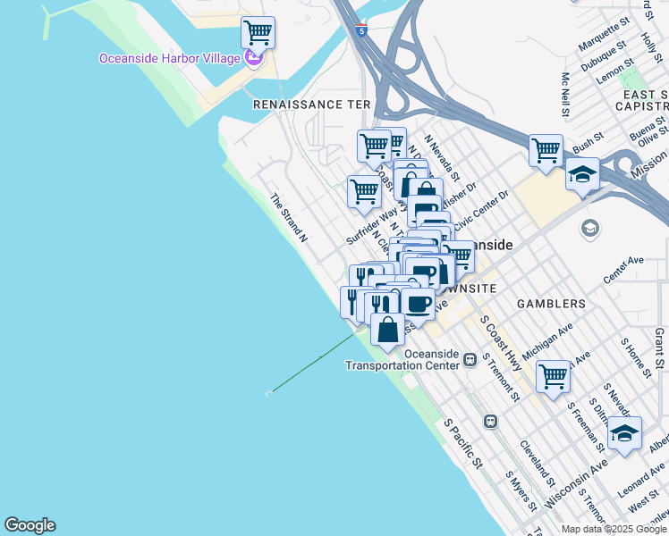 map of restaurants, bars, coffee shops, grocery stores, and more near 501 The Strand North in Oceanside