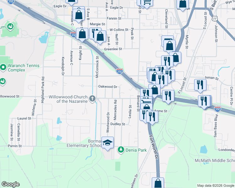 map of restaurants, bars, coffee shops, grocery stores, and more near 1100 Willowwood Street in Denton