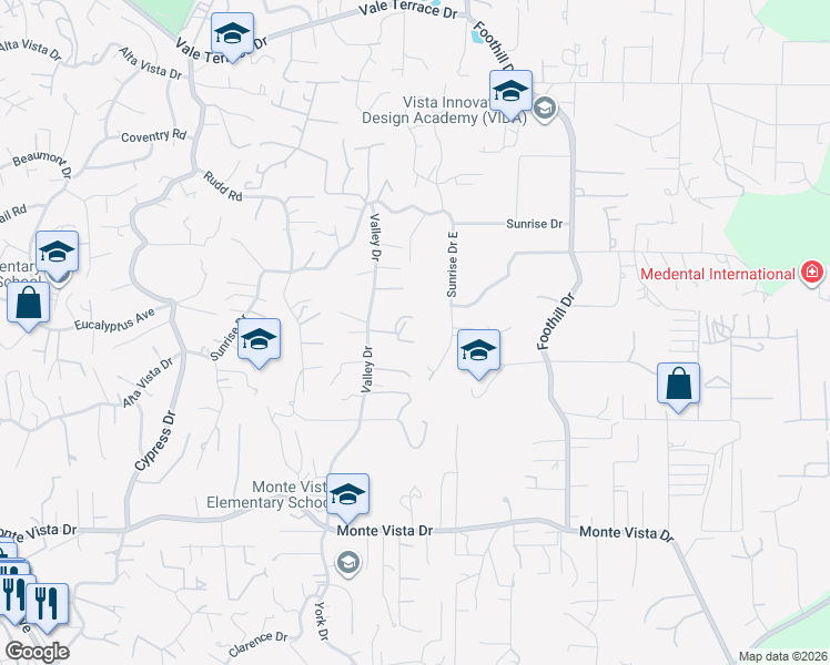 map of restaurants, bars, coffee shops, grocery stores, and more near 1696 Gil Way in Vista