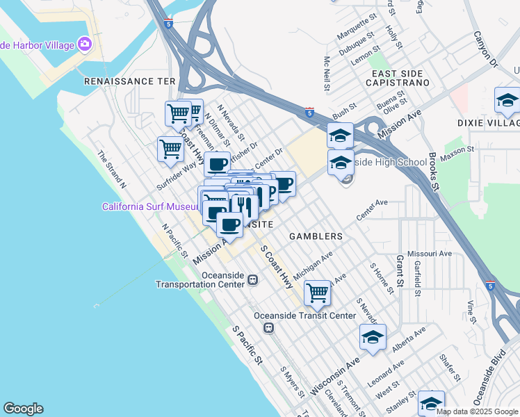 map of restaurants, bars, coffee shops, grocery stores, and more near in Oceanside