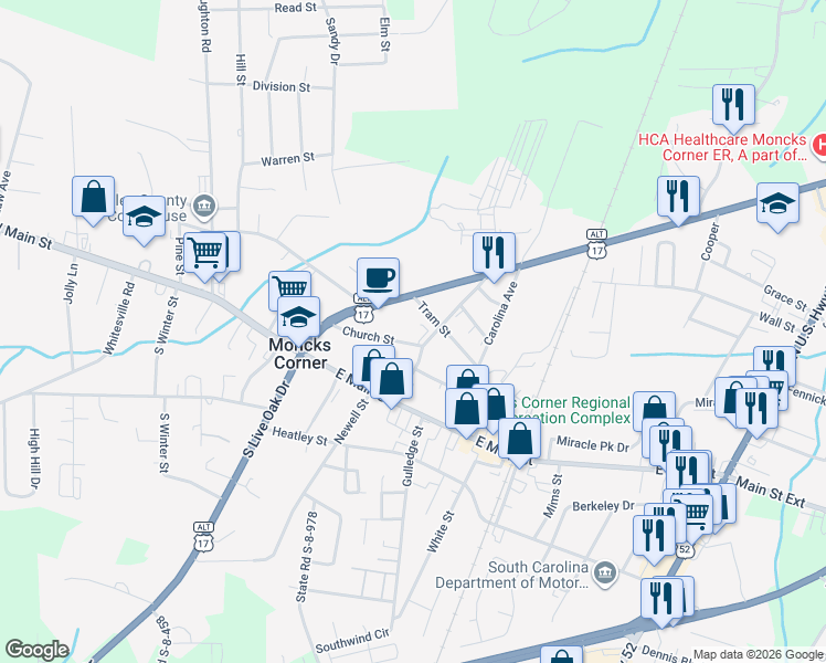 map of restaurants, bars, coffee shops, grocery stores, and more near 122 Church Street in Moncks Corner