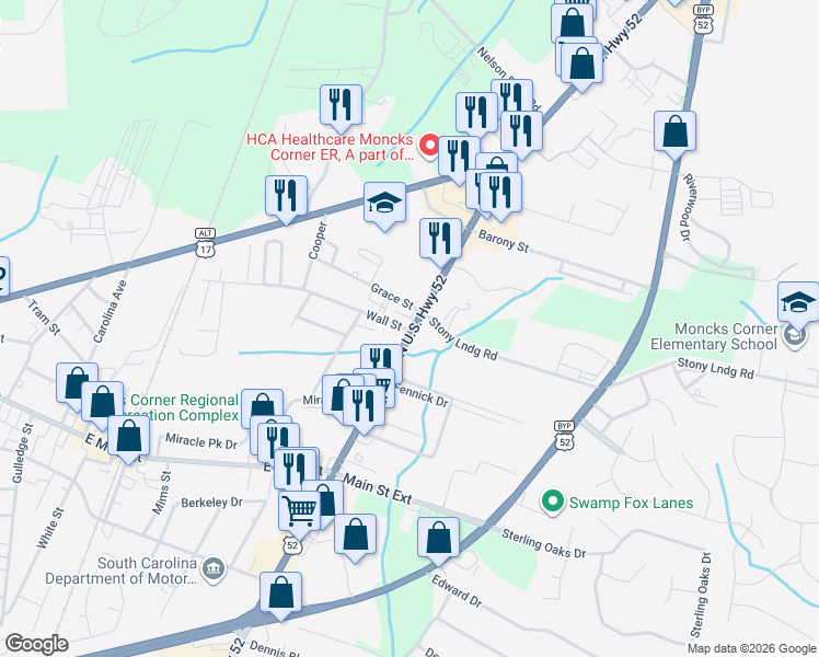 map of restaurants, bars, coffee shops, grocery stores, and more near 225 North U.S. Highway 52 in Moncks Corner