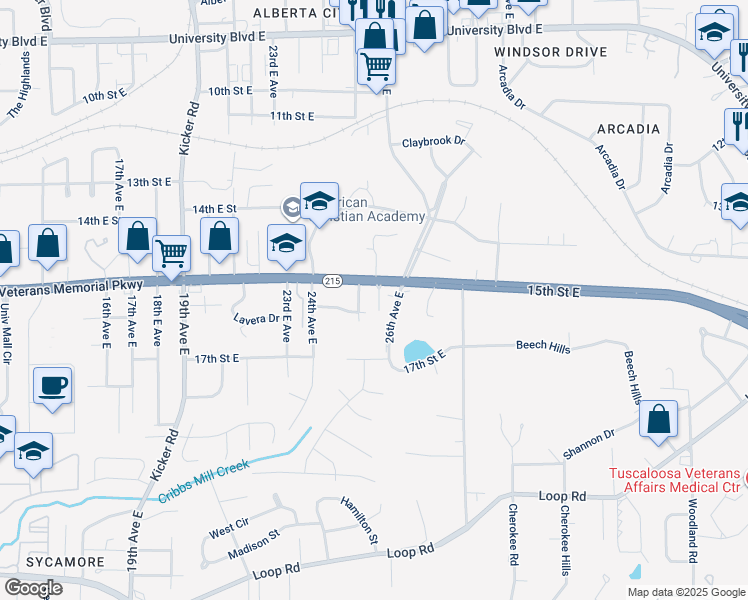 map of restaurants, bars, coffee shops, grocery stores, and more near 1514 26th Avenue East in Tuscaloosa