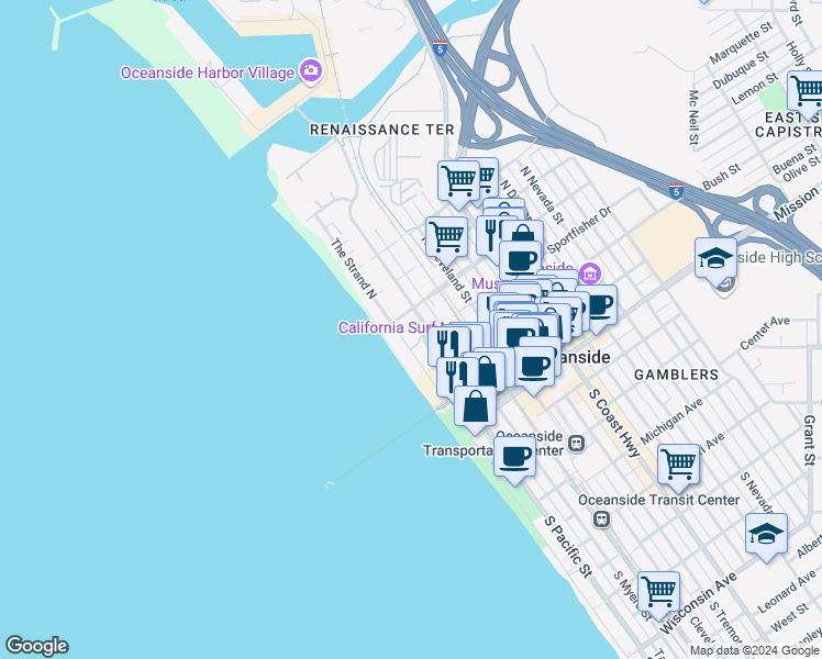 map of restaurants, bars, coffee shops, grocery stores, and more near in Camp Pendleton North