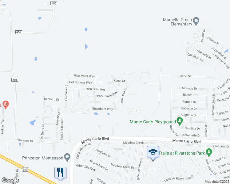 map of restaurants, bars, coffee shops, grocery stores, and more near 1542 Park Trails Boulevard in Princeton