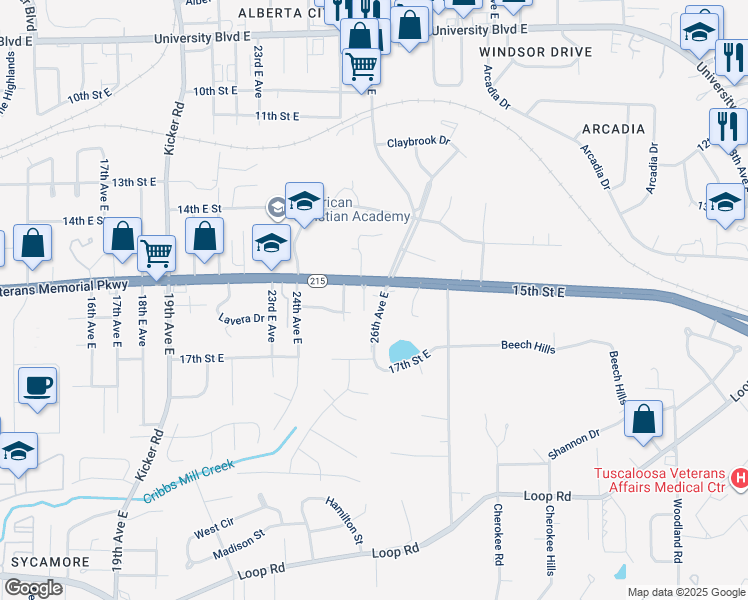 map of restaurants, bars, coffee shops, grocery stores, and more near 1514 26th Avenue East in Tuscaloosa