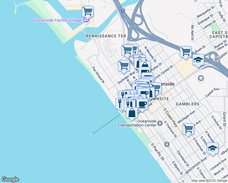 map of restaurants, bars, coffee shops, grocery stores, and more near 501 The Strand North in Oceanside
