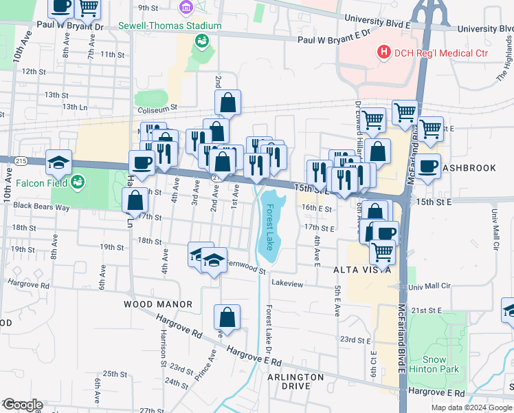 map of restaurants, bars, coffee shops, grocery stores, and more near 1601 Lake Avenue in Tuscaloosa