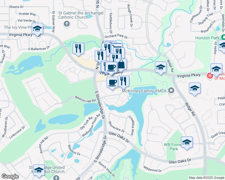 map of restaurants, bars, coffee shops, grocery stores, and more near 470 Mediterranean Drive in McKinney