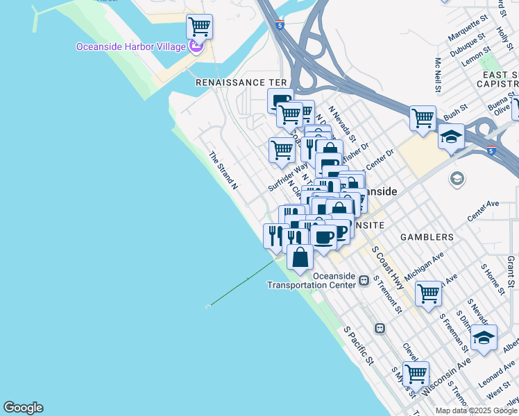 map of restaurants, bars, coffee shops, grocery stores, and more near 500 North The Strand in Oceanside