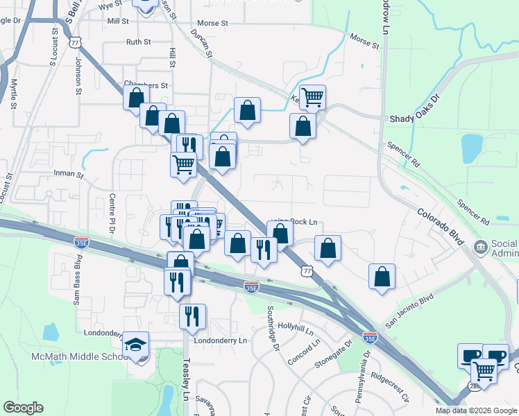 map of restaurants, bars, coffee shops, grocery stores, and more near 1000 Hopkins Drive in Denton